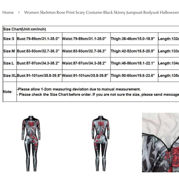 Skeleton Rose Print Scary Costume Black Skinny Jumpsuit Bodysuit Halloween XL - Picture 3 of 9